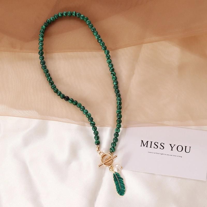 Stylish Vintage Jewelry Malachite Leave Shape Pearl Fashion Women necklace and Earring Sets