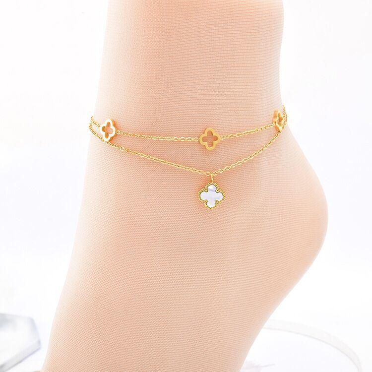 Factory Customized Fashion Exquisite Gold Anklet Waterproof Stainless Steel Clover Fancy Anklet Wholesale Replica Jewelry