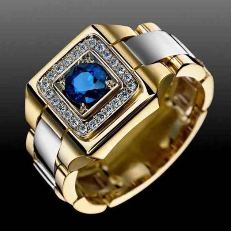 Men′s Square Blue Created Sapphires Engagement Ring Gold Filled Jewelry Men Wedding Rings