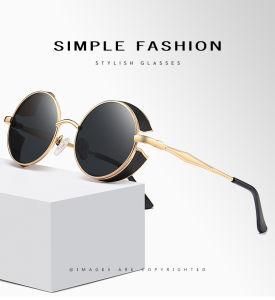 Vintage Classic Retro Steampunk Polarized Engraved Metal Frame Round Sunglass