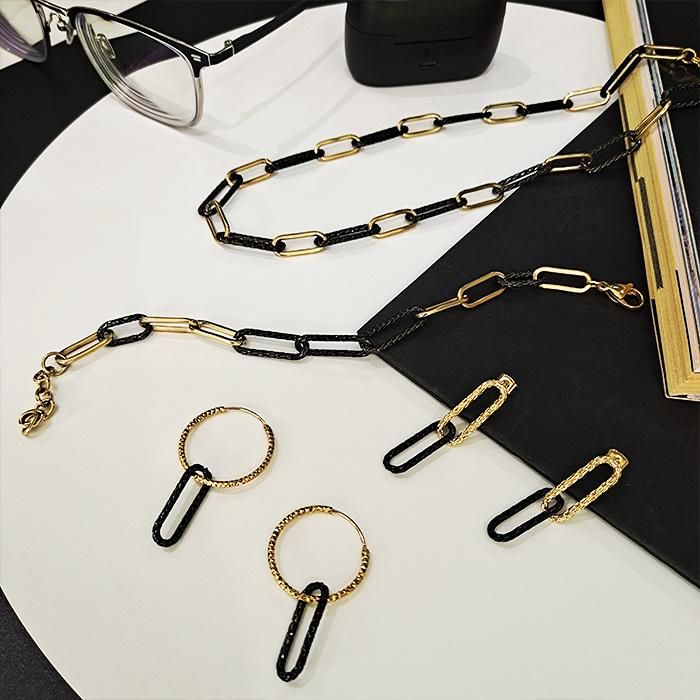 Fashionable Jewelry Set Necklace Chunky Gold Plated and Black Color Paperclip for Girls