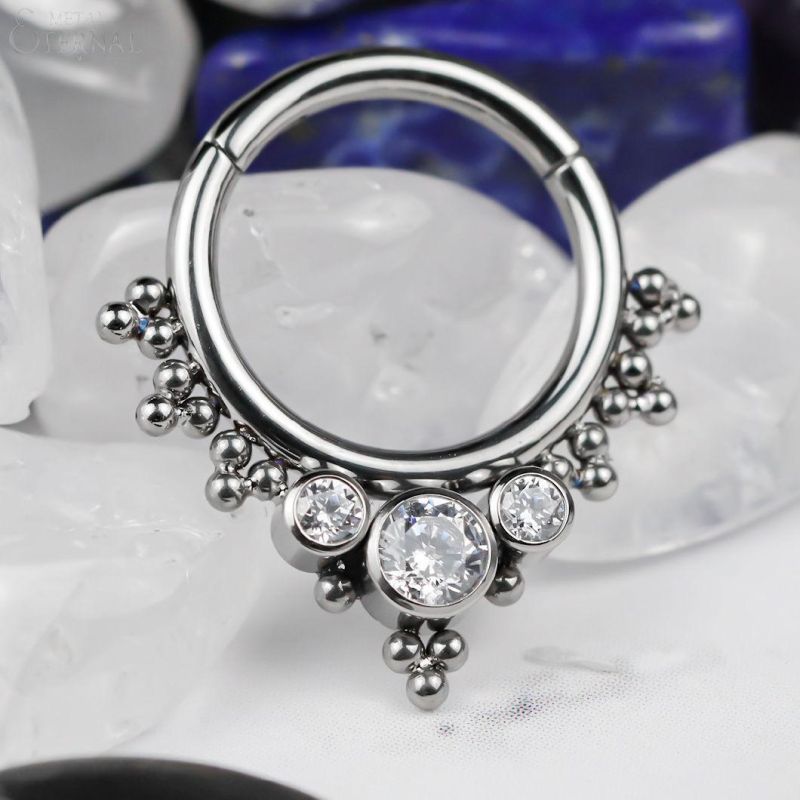 Eternal Metal ASTM F136 Titanium Hinged Clicker Nose Rings with Bezel Set CZ and Beads Clusters Piercing Jewelry