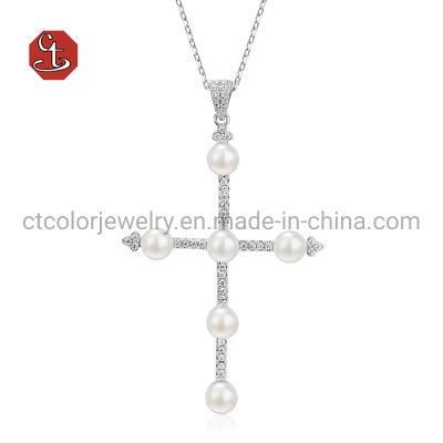 Fashion Sterling Silver Jewellery CZ Cross Double Layered Girl Pearl Necklace