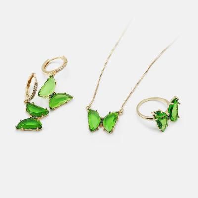 18K Gold Plated Butterfly Ring Earring and Necklace Glass Butterfly Jewelry Set