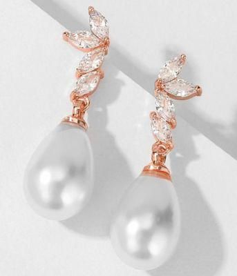Rose Gold Pearl CZ Earring Jewelry. Bridal Wedding CZ Earring Pearl Jewelry for Brides. Fashion Earring