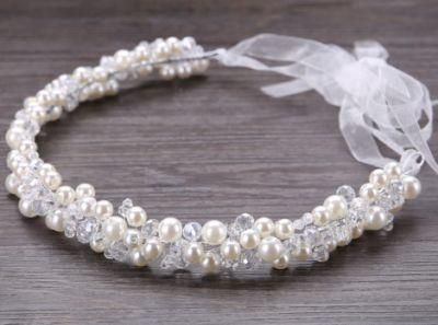 Bridal Wedding Lace Pearl Headband Headpiece with Crystals