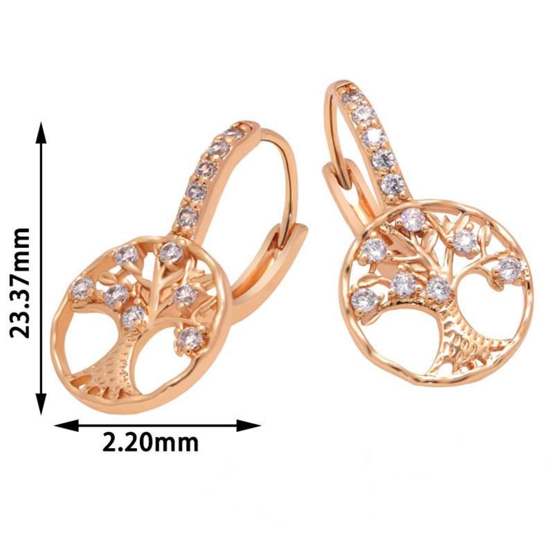 Gold Plated Luxury Zircon Tree of Life Hanging Hoop Earrings