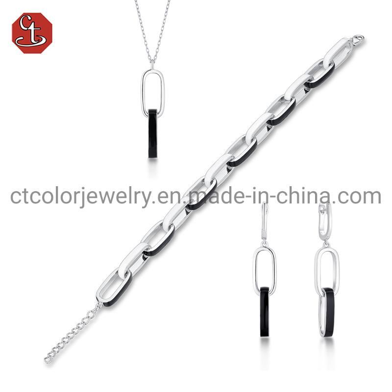 Fashion 925 Silver Sterling Black and White color Enamel chain Jewelry Bracelet