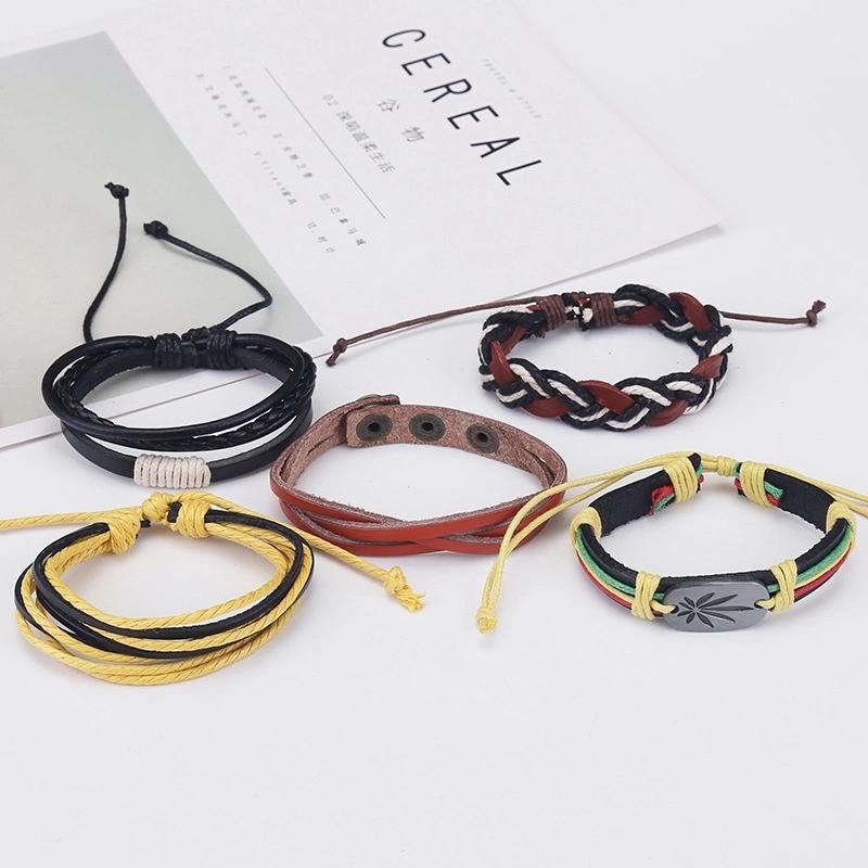 5 Pieces Leather Cuff Bracelet for Men and Women Punk Rock Braided Bracelet Via Brown Black Wristband Handmade Jewelry