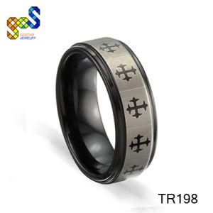 8mm Black Stepped Tungsten Carbide Firefighter Shield &amp; Fireman Hose Design Ring