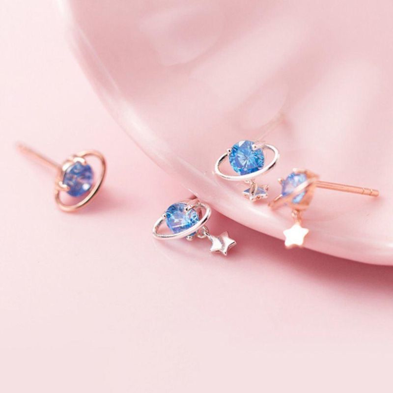925 Sterling Silver Earring Fashion Jewelry Black CZ Stone Star Planet Stud Earrings for Women Silver 925 Earring