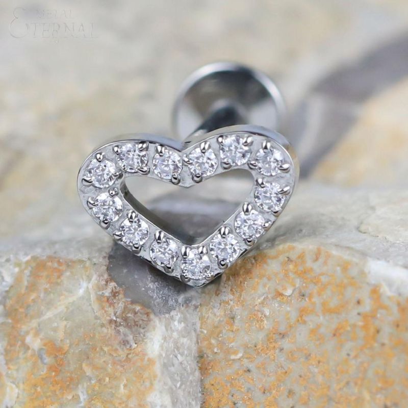 Eternal Metal ASTM F136 Titanium Internally Threaded Labret Hollow Heart Shaped CZ Piercing Jewelry