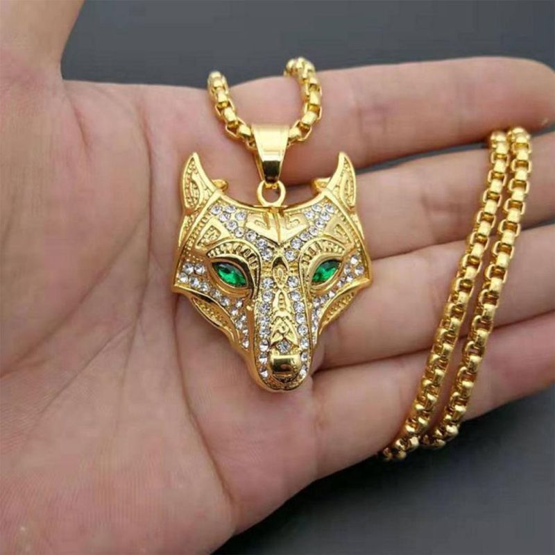 Hot Selling Nordic Viking Jewelry Stainless Steel Gold Plated and Diamond Celtic Wolf Head Pendant Spt2620