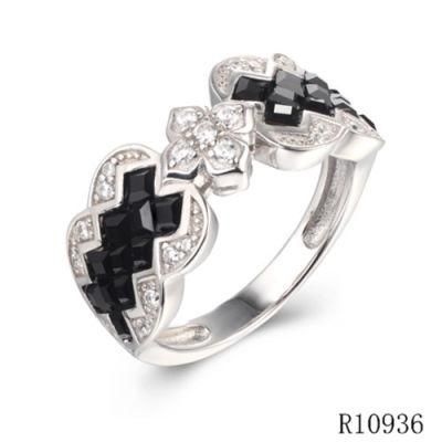 Flower Mosaic Style Silver with CZ Black and White Ring