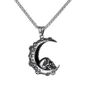 Stainless Steel Skull Moon Pendant Necklace