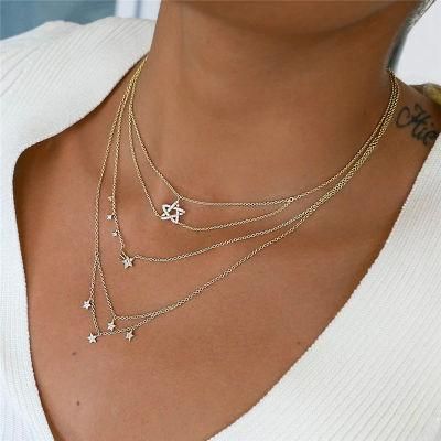 Trendy 2022fashion Women Jewelry Rhodium Sterling Silver Chunky Star Pendant Necklace in 2 Rows Chain Design