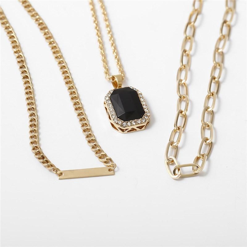 Manufacture Multiple Row Choker Necklace Black Square Stone Pendant Necklace Smooth Bar and Chain Layered Choker Necklace for Women