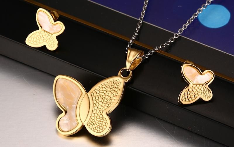 18K Gold Butterfly Stud Earrings Necklace Set for Women Girl