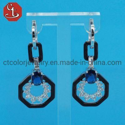 Fashion Sterling 925 Silver Jewelry Gift Turquoise Black Color Enamel Amethyst Sapphire Colorful Glass CZ Cubic Zirconian Earring