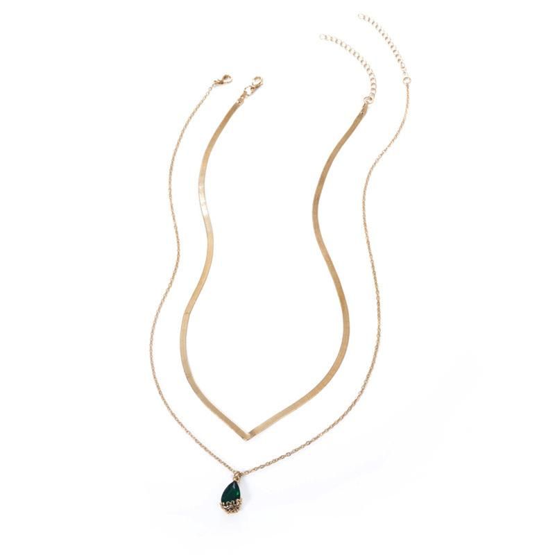 2 Layered New Design Gold Plated Mini V-Shape Flat Snake Chain Choker Necklace and Wrapping Heart Glass Pendant Necklace for Women Girls Lady