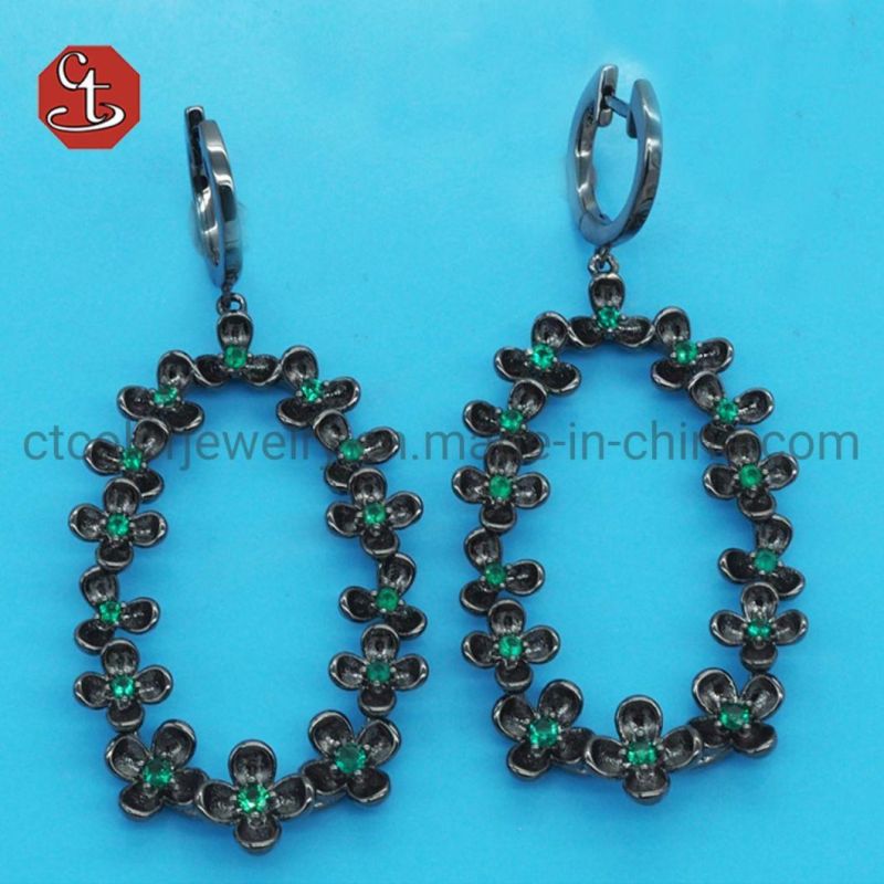 Luxury Flower Ear Drop Jewelry Retro Metal with CZ Copper or Silver Earrings