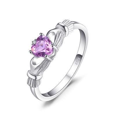 Natural Created Amethyst Irish Claddagh Ring February Birthstone Solid 925 Sterling Silver Love Heart Fine Jewelry