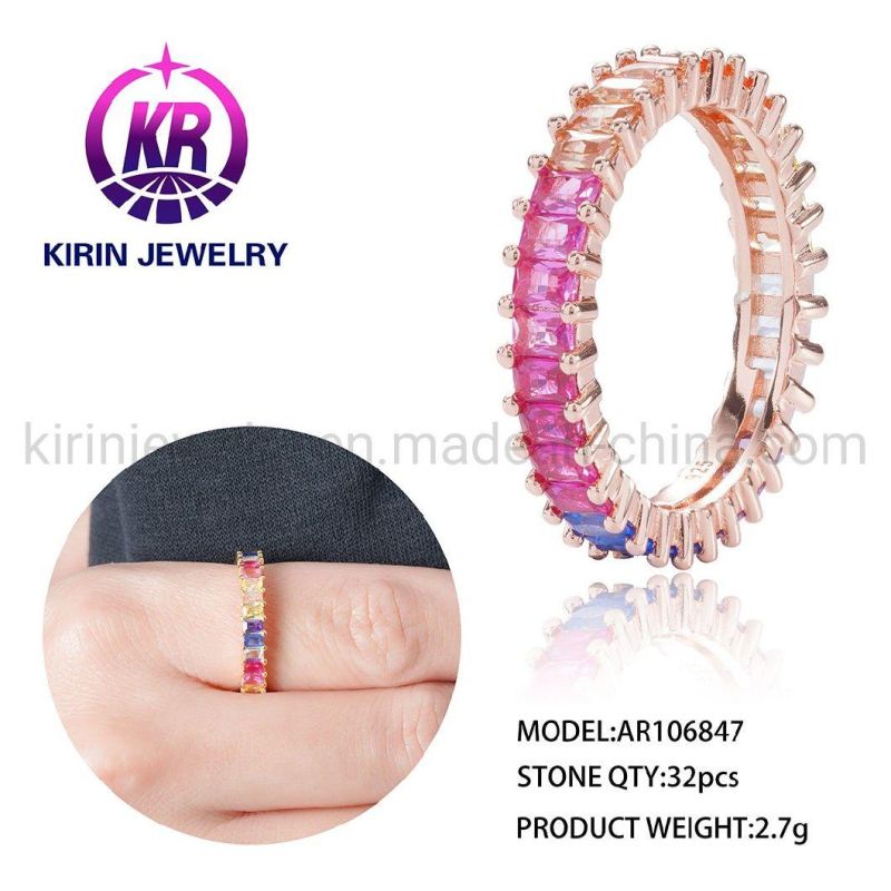 2022 Color Rainbow Diamond Rings for Women Rainbow Eternity Ring 925 Sterling Silver Pure Rose Gold Pink Diamond Baguette Ring