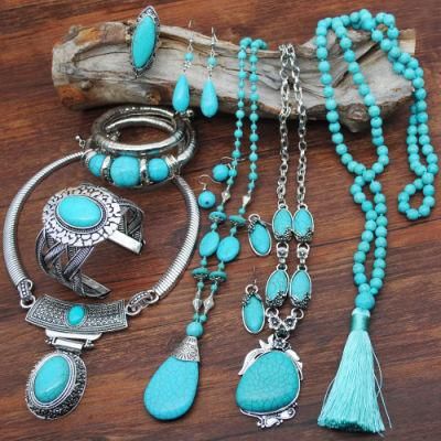Vintage Turquoise National Style Earrings Necklaces and Ring Jewelry Set