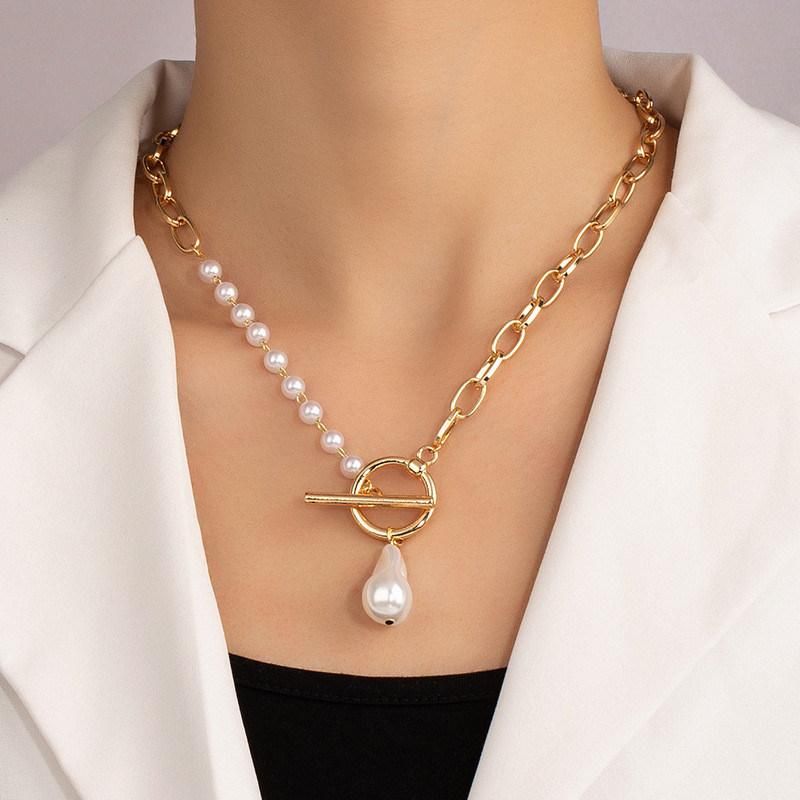 Modern Fashion Accessories Pearl Section Mix Link Chain T Bar O Bar Clasp Necklace for Fashion Women Jewelry