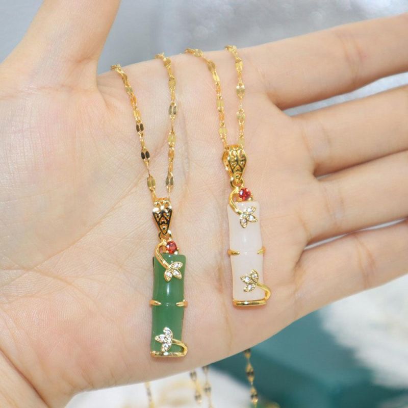 Real Gold Plated Stainless Steel Natural Stone Bamboo Necklace Jewelry Pink Natural Jade Bamboo Necklace for Women Girls