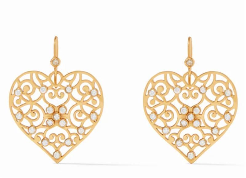 Women Fashion Accessories Geometric Filigree Heart Shape Statement Earring with Gemstone Glass Stone Jewelry