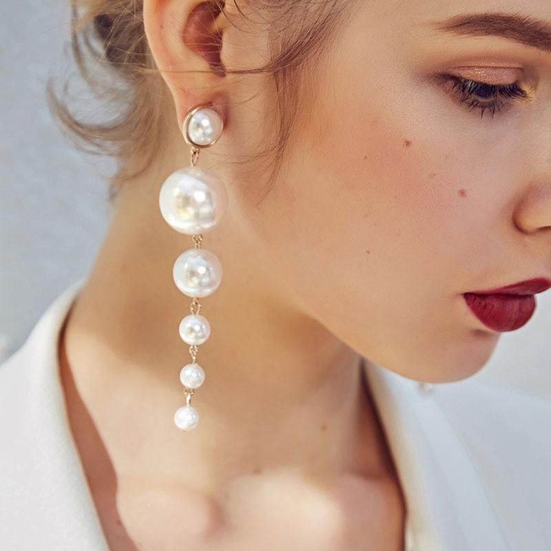 Women Fashion Jewelry White Pearl Long Drop Earrings