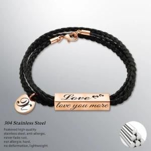 Custome Name 304L Stainless Steel Blank Charm Leather Wrap Couple Bracelet