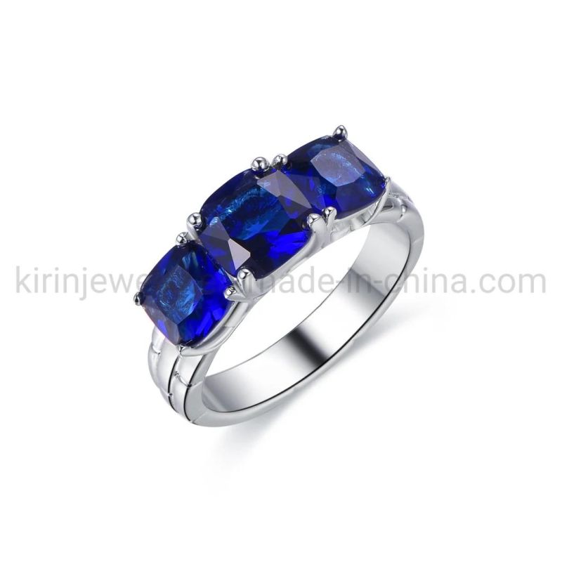 Women Three Stone Rings 925 Sterling Silver Ring Cushion 3 Aquamarine Blue Gemstone Wedding Diamond Ring