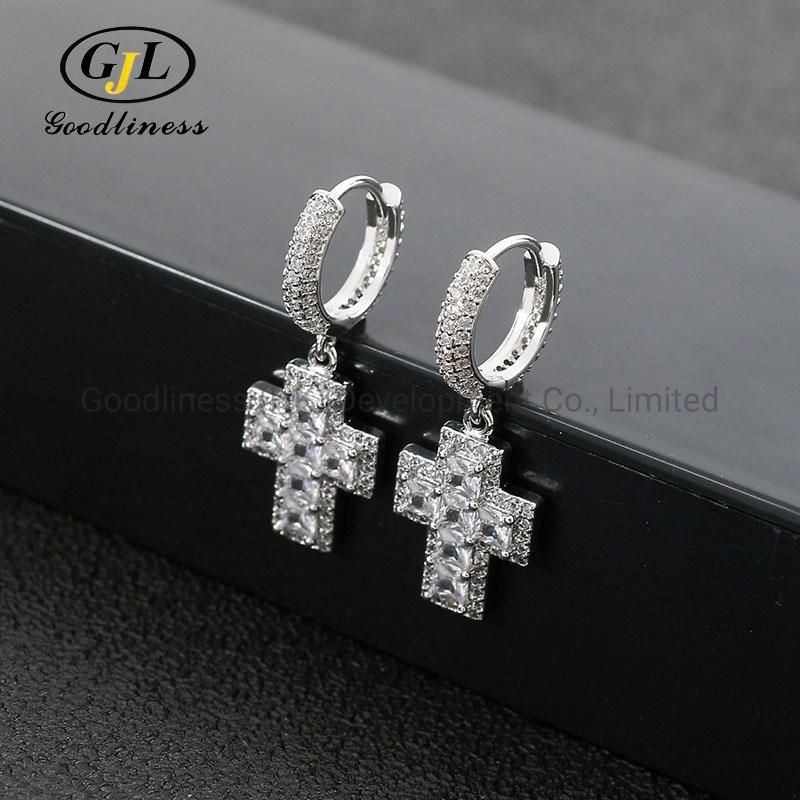 Wholesale Hip Hop Square Zirconia Micropanling Cross Eardrop Earring