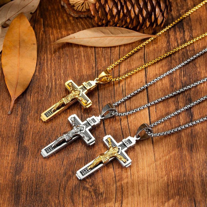 Crucifix Cross with Gold Plated Stainless Steel Chain Pendant Necklace for Men 18K