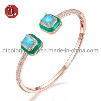 Gems Stone Silver or Brass Bangle with Green Enamel Fashion Silver Jewellery