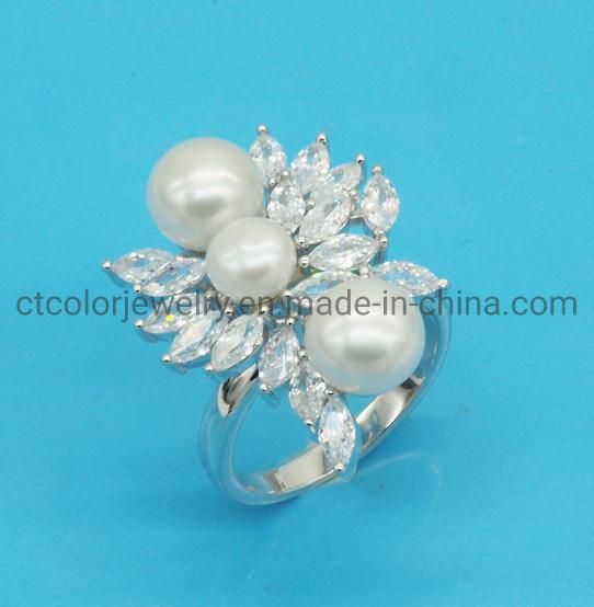 Fashion Jewelry 925 Sterling Silver Creative Design Ring with CZ and Pearl Fashion Customized Jewellery