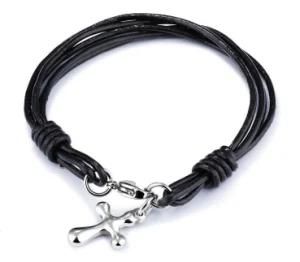Wholesale Fashion PU Leather Bracelet for Men Big Black Stainless Steel Bracelet with Cross Pattern Christian Jewelry Gift