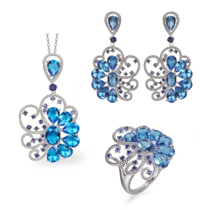 2022 Fashion Silver or Brass Blue Glass Flower Earring Pendant Female Jewelry Set