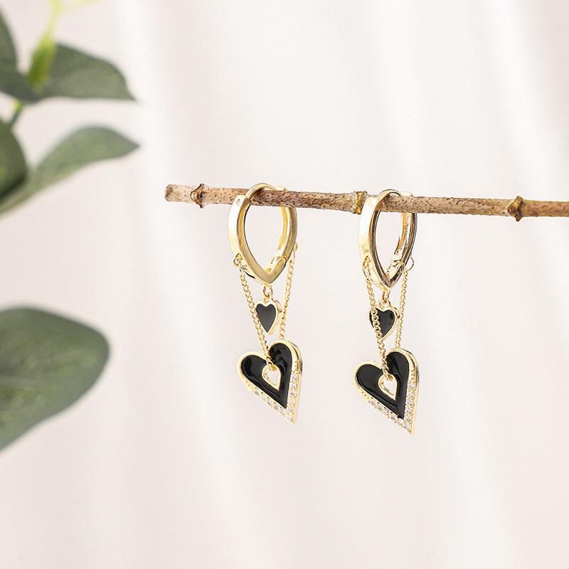 Wholesale 18K Gold Plated Luxury Jewelry Enamel Heart Huggie Hoop Earrings with Chain Tassels