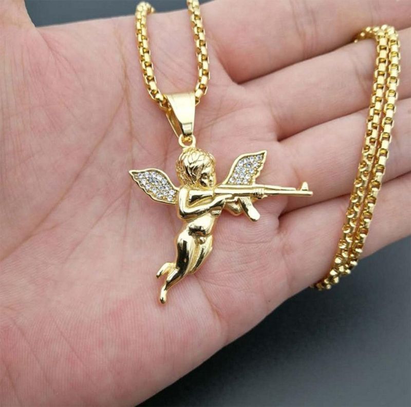 Hot-Selling New Hip-Hop Hiphop Jewelry Titanium Steel Gold-Plated Diamond Revenge Angel Ak47 Pendant Spt2617
