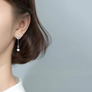 Women Drop Dangle Star Moon Diamond 925 Sterling Silver Pearl Asymmetric Earring
