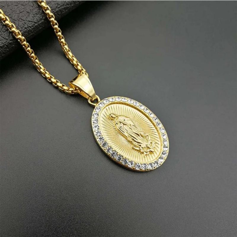 European and American Cross-Border New Hip-Hop Hiphop Jewelry Titanium Steel Casting Gold-Plated Diamond Catholic Madonna Pendant Spt2802