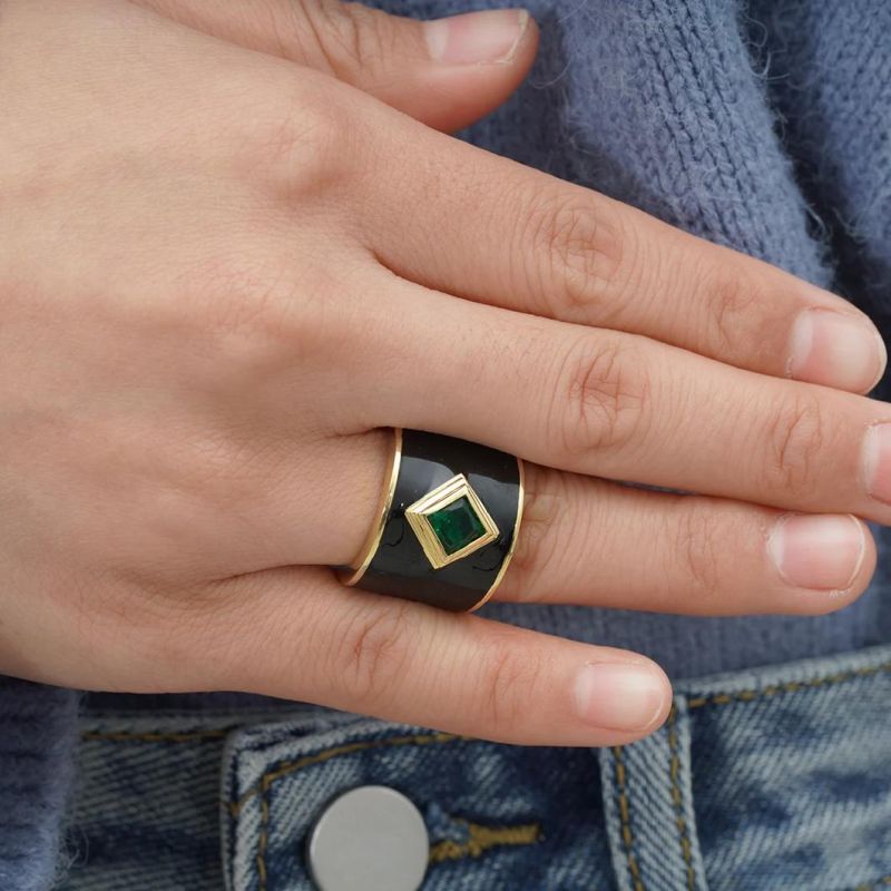 Anillo De Esmalte Men Diamond Yellow Gold Custom Black Enamel Rings for Men 925 Sterling Silver 14K Gold Plated Ring Mens Rings