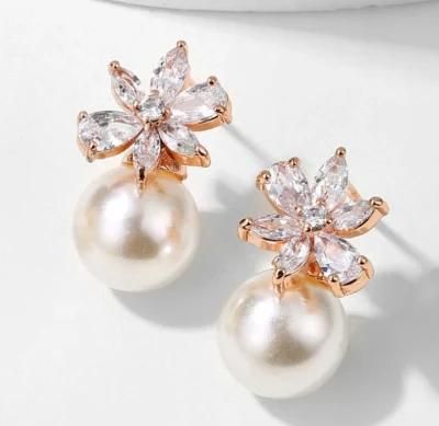 Rose Gold Pearl CZ Earring, Bridal CZ Earring, Wedding CZ Earring for Wemen