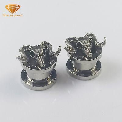 Ancient Silver Sheep Head Pulley Auricle Stainless Steel Internal Thread Zodiac Ear Piercing Large Cross-Border Piercing Ear Plugs Spg2727