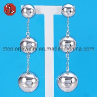 925 Sterling Silver Post three Round Plain Silver Ball linked Drop Dangle Earrings Fashion jewelry