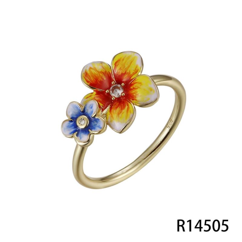 Young Girl′s Lovely Flower 925 Silver Enamel Ring