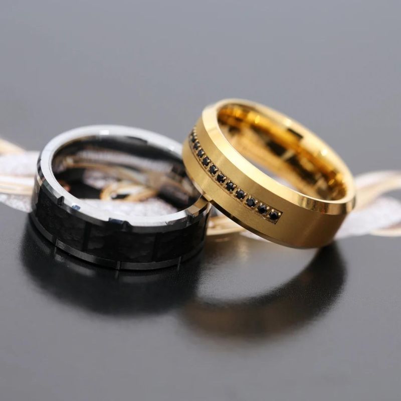 Gold Plated Tungsten Carbide Ring with Black CZ High Polished
